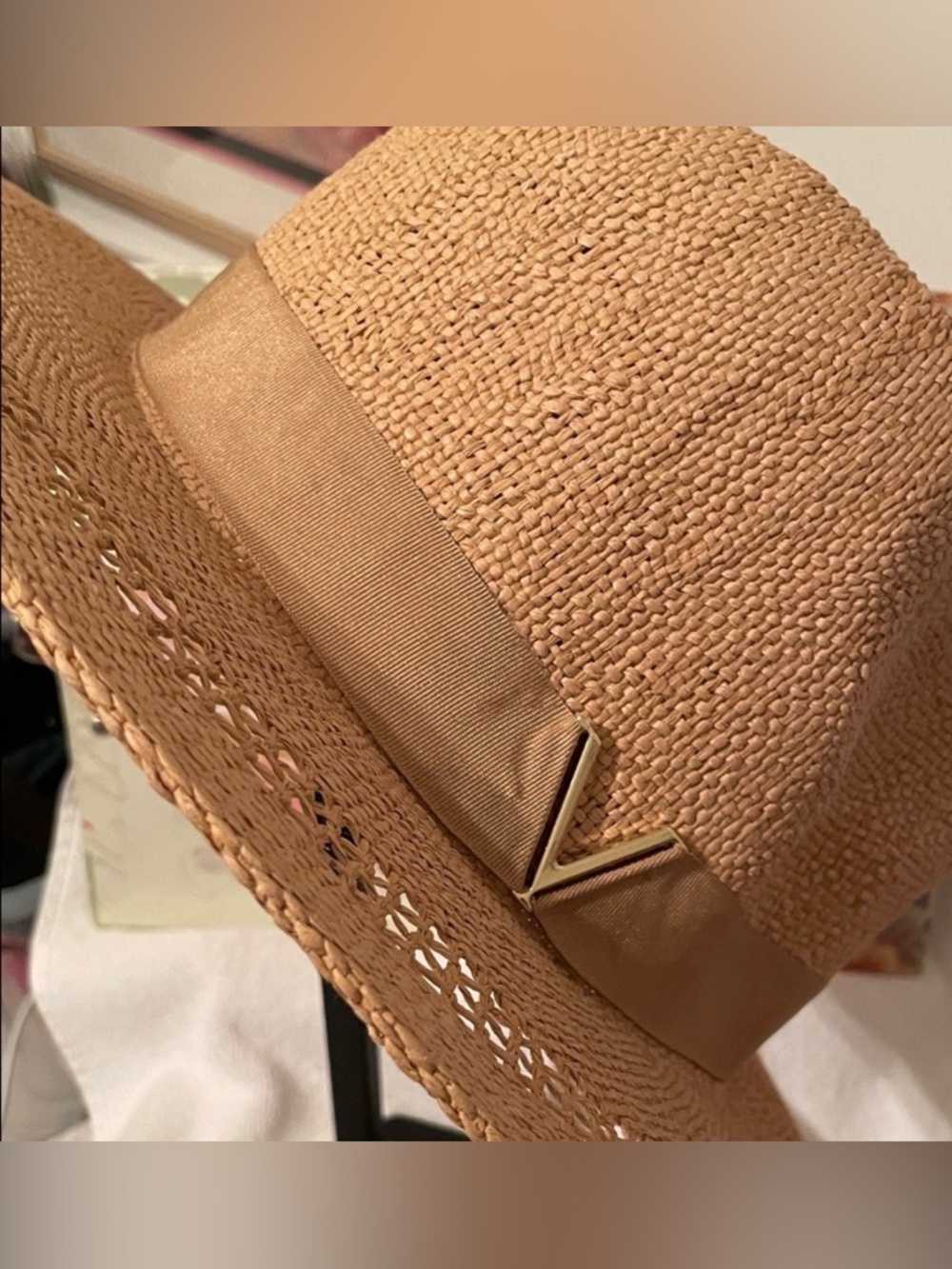 Vince Camuto Tan Woven Straw Fedora with Grosgrain Band with gold V